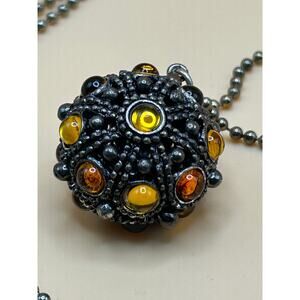 Vintage Boho Statement Necklace w/Orb Pendant & Amber Glass Accents – 36" Chain